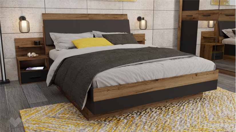 Спален комплект Легрия с включен матрак Бонел 160/200 кафяв дъб пиемона с черно шагре - изглед 3