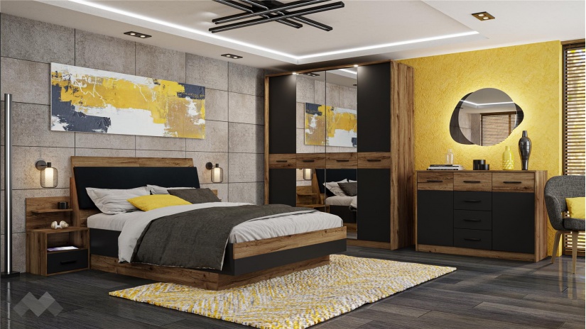 Спален комплект Легрия с включен матрак Бонел 160/200 кафяв дъб пиемона с черно шагре - изглед 1