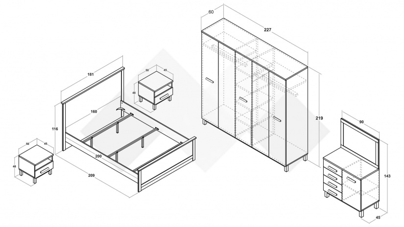 Спален комплект Линда бяло гладко с дъб кадис - изглед 2