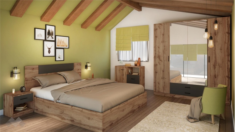 Спален комплект Олга с включен матрак Бонел 160/200 дъб дакота с графит - изглед 1