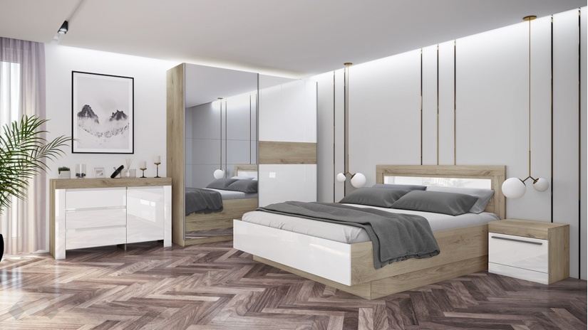 Спален комплект Ариа с включен матрак Бонел 160/200 сонома арвен с бяло гланц - изглед 1