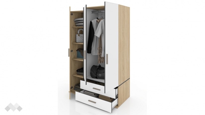 Гардероб Тунис трикрилни тъмна сонома с бяло гладко - изглед 2