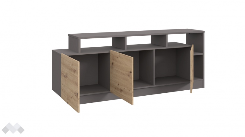 ТВ шкаф Ариса с открити рафтове дъб артисан със сиво - изглед 5