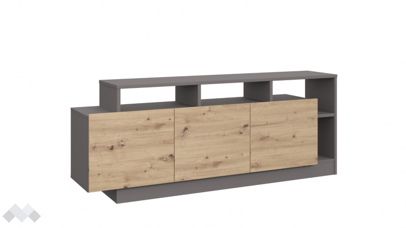 ТВ шкаф Ариса с открити рафтове дъб артисан със сиво - изглед 4