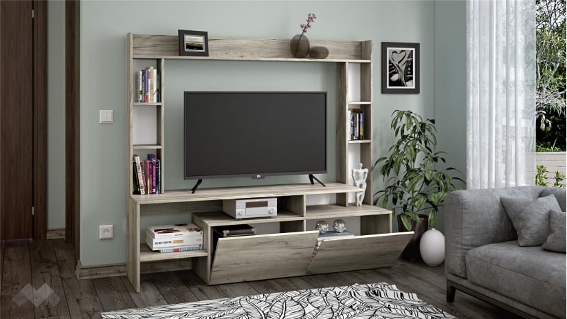 ТВ шкаф Боди с открити рафтове дъб крафт сив - изглед 2