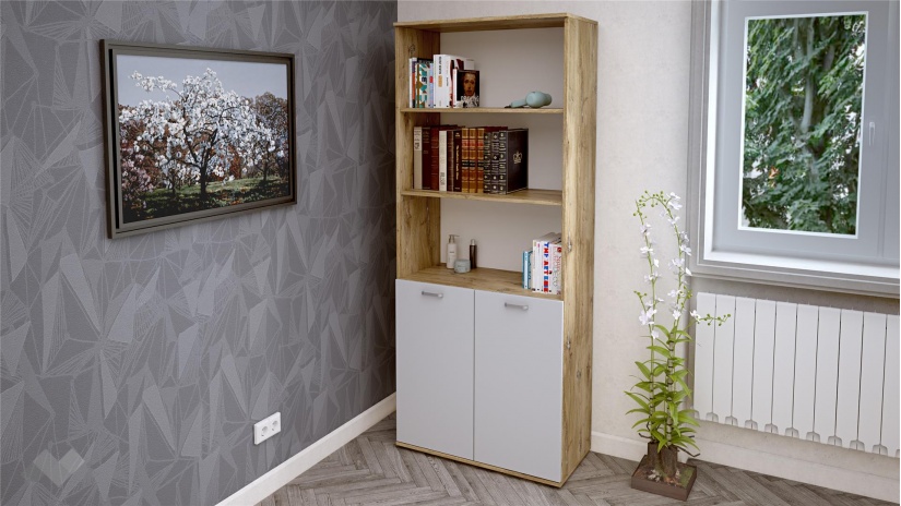 Висок шкаф Селтик келтски дъб със светло сиво - изглед 1