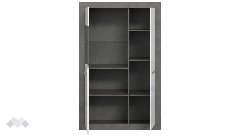 Висок шкаф с две врати Требия с витрина сиво с бял гланц - изглед 4 - МебелМаг Висок шкаф с две врати Требия с витрина сиво с бял гланц - изглед 4
