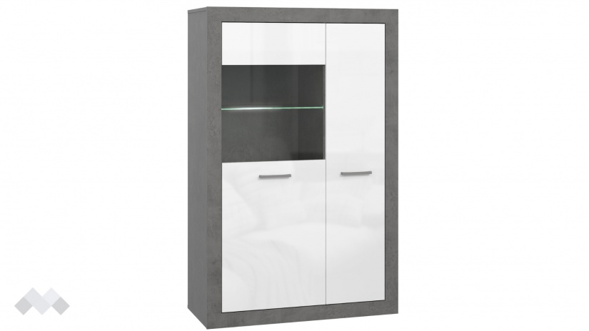 Висок шкаф с две врати Требия с витрина сиво с бял гланц - изглед 3 - МебелМаг Висок шкаф с две врати Требия с витрина сиво с бял гланц - изглед 3