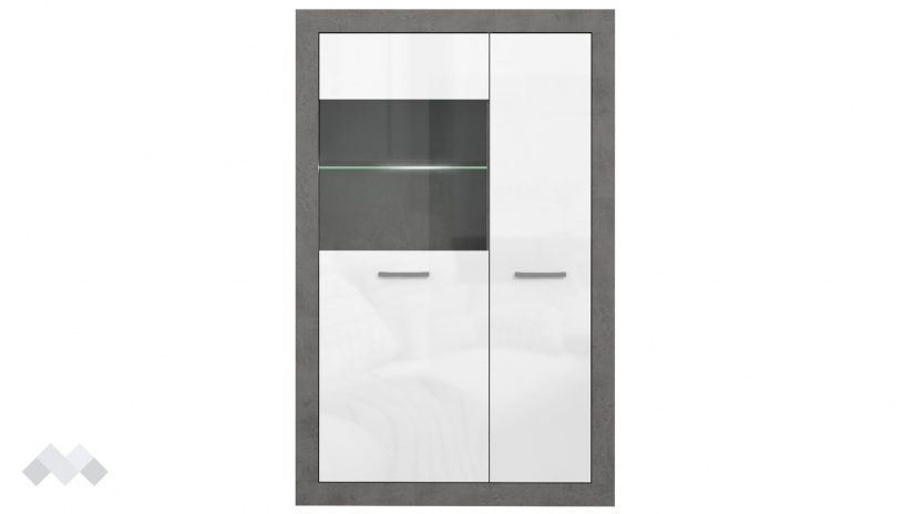 Висок шкаф с две врати Требия с витрина сиво с бял гланц - изглед 2 - МебелМаг Висок шкаф с две врати Требия с витрина сиво с бял гланц - изглед 2
