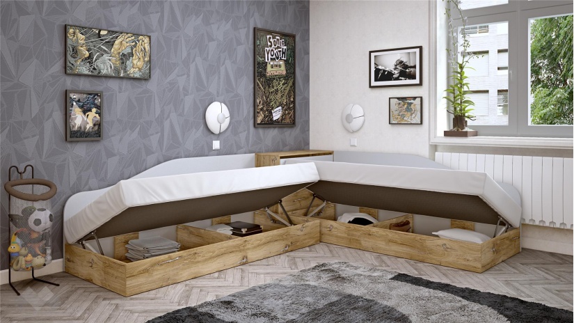 Ъглови легла 82/190 Селтик келтски дъб със светло сиво - изглед 2