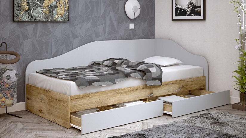 Легло с чекмеджета 90/200 Селтик с включен матрак Бонел 90/200 келтски дъб със светло сиво - изглед 2